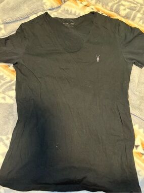 AllSaints Black Women's V-Neck Tee with Subtle Logo